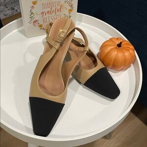 Beige and Black Slingback Heels
